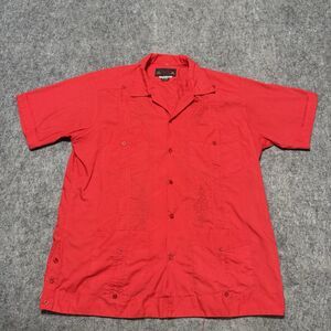 Vtg 70s Princeton Guayabera Shirt XL Red Mexican Embroidered 4 Pocket Cuban